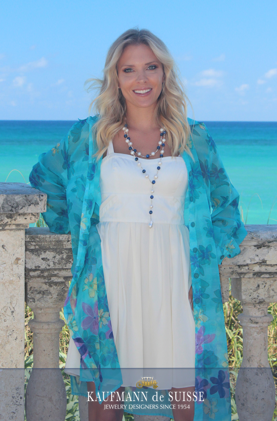 The Palm Beach Lariat Necklace in Sodalite and White Pearls
