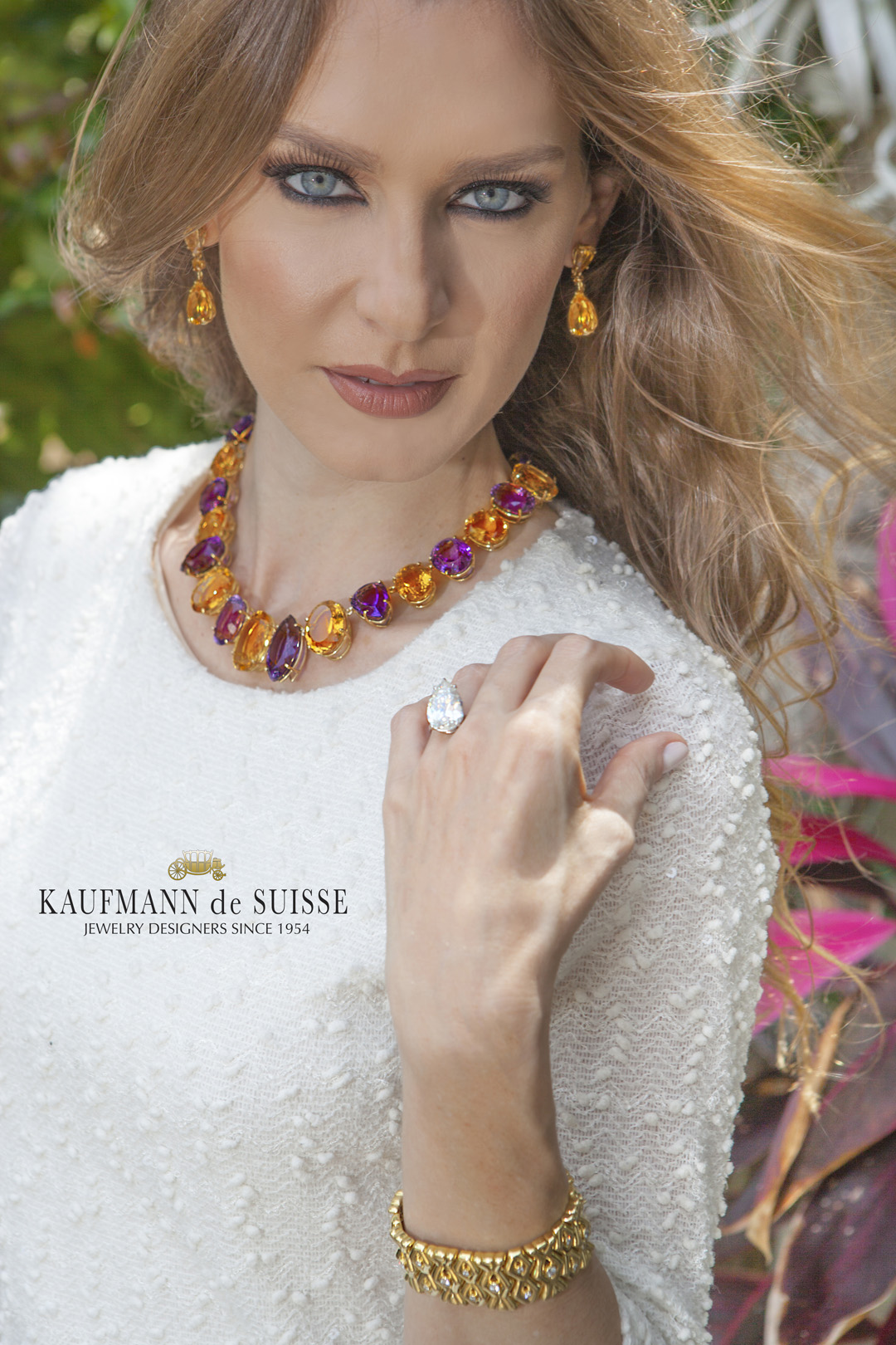 18K Yellow Gold Amethyst & Citrine Necklace and Earrings with Pear Shaped Diamond Ring