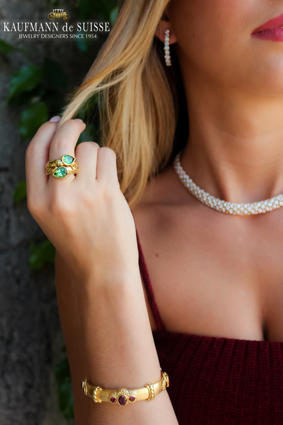 18K Yellow Gold and Green Tourmaline Ring & 18K Rhodolite Garnet Bracelet