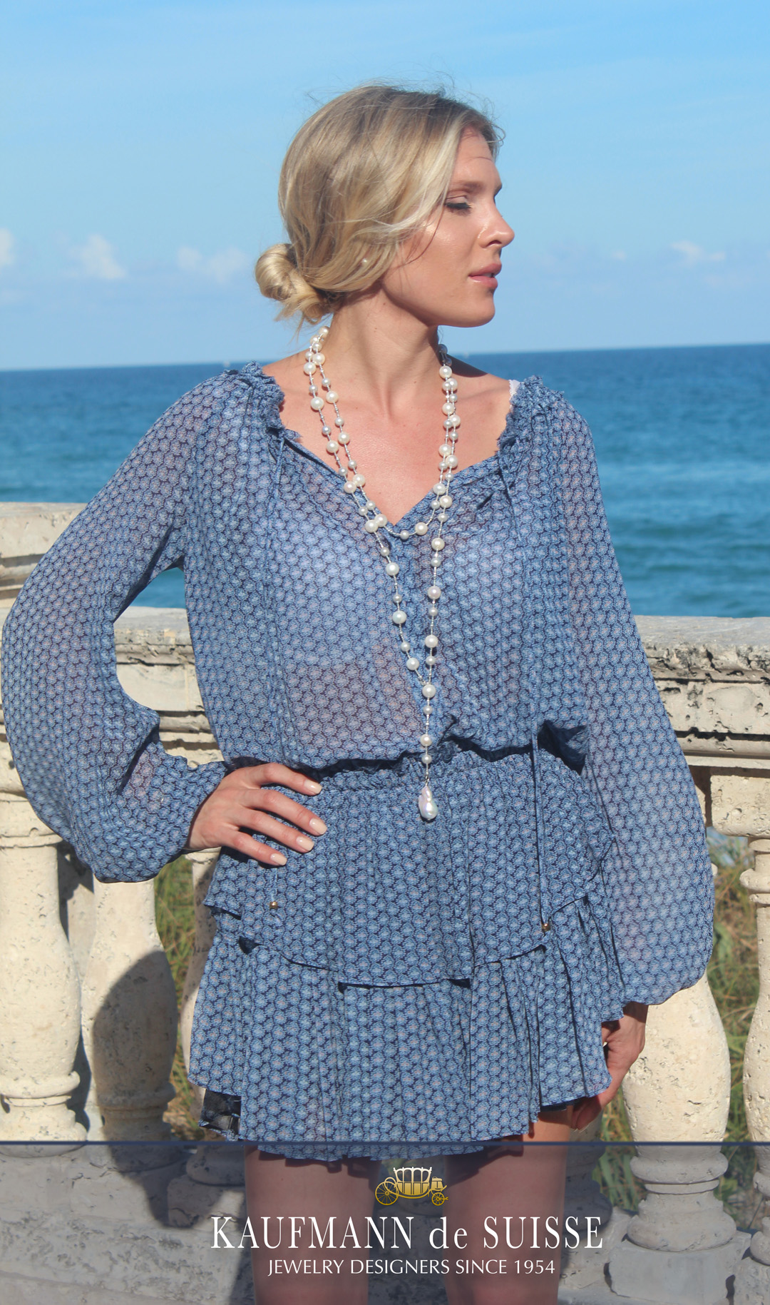 The classic Palm Beach Lariat Necklace with grey and white pearls