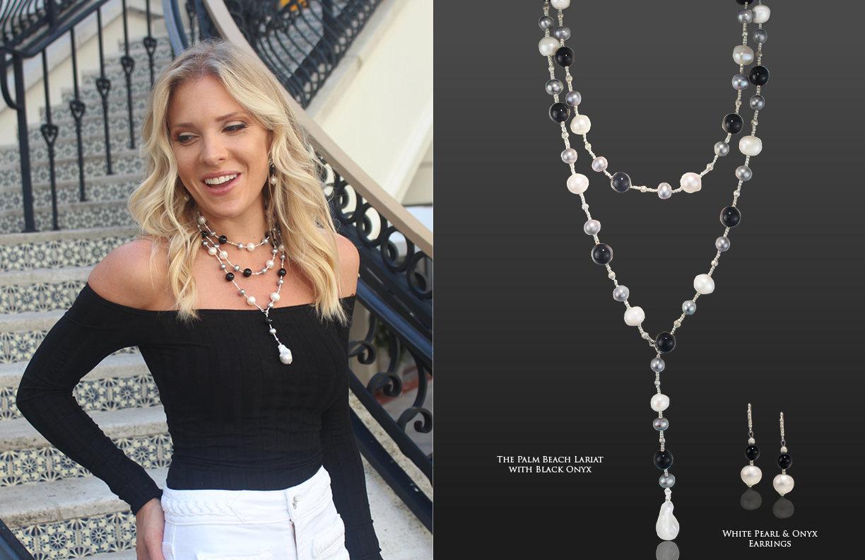 The Palm Beach Lariat in Onyx and White Pearl