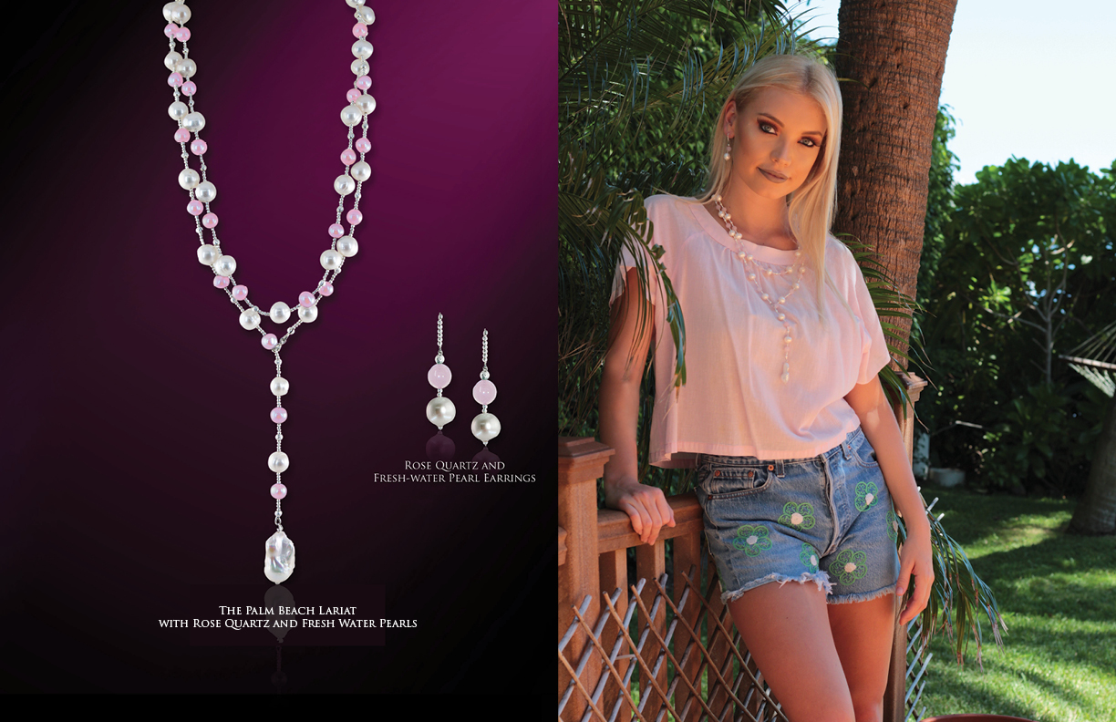 The Palm Beach Lariat in Rose Quartz and White Pearl