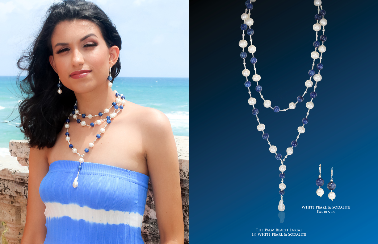 The Palm Beach Lariat in Sodalite and White Pearl