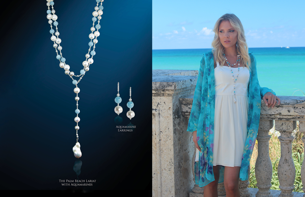 The Palm Beach Lariat in Aquamarine & White Pearl