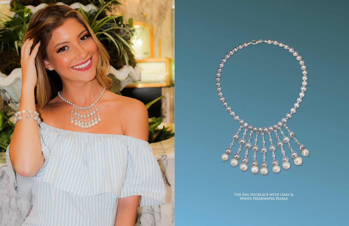 The Fan Necklace with Gray and White Freshwater Pearls