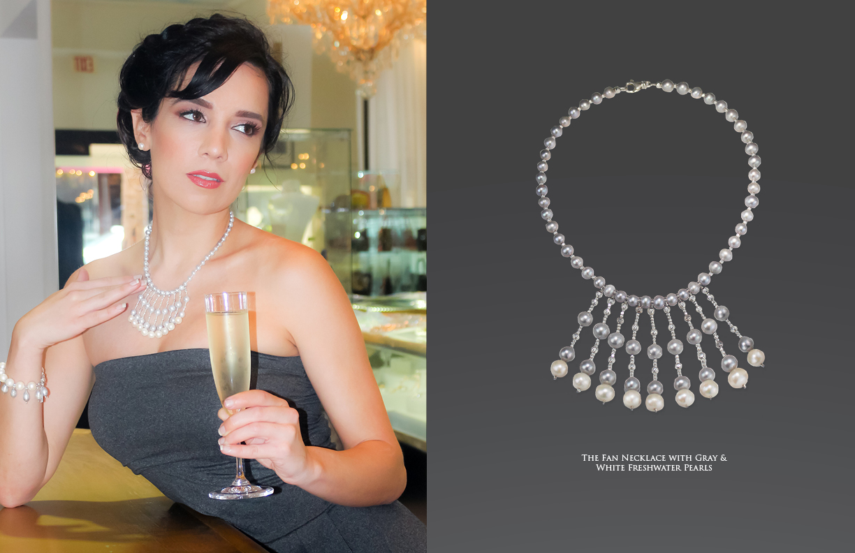 The Fan Necklace with Gray and White Freshwater Pearls