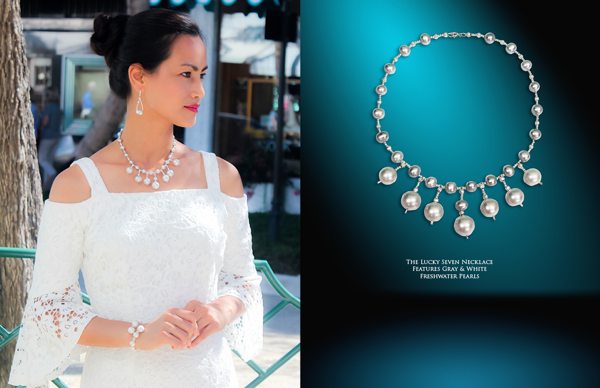 The Lucky Seven Necklace Features Gray & White Freshwater Pearls