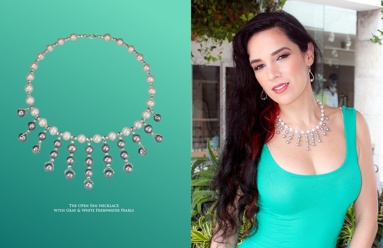 The Open Fan Necklace with Gray & White Freshwater Pearls