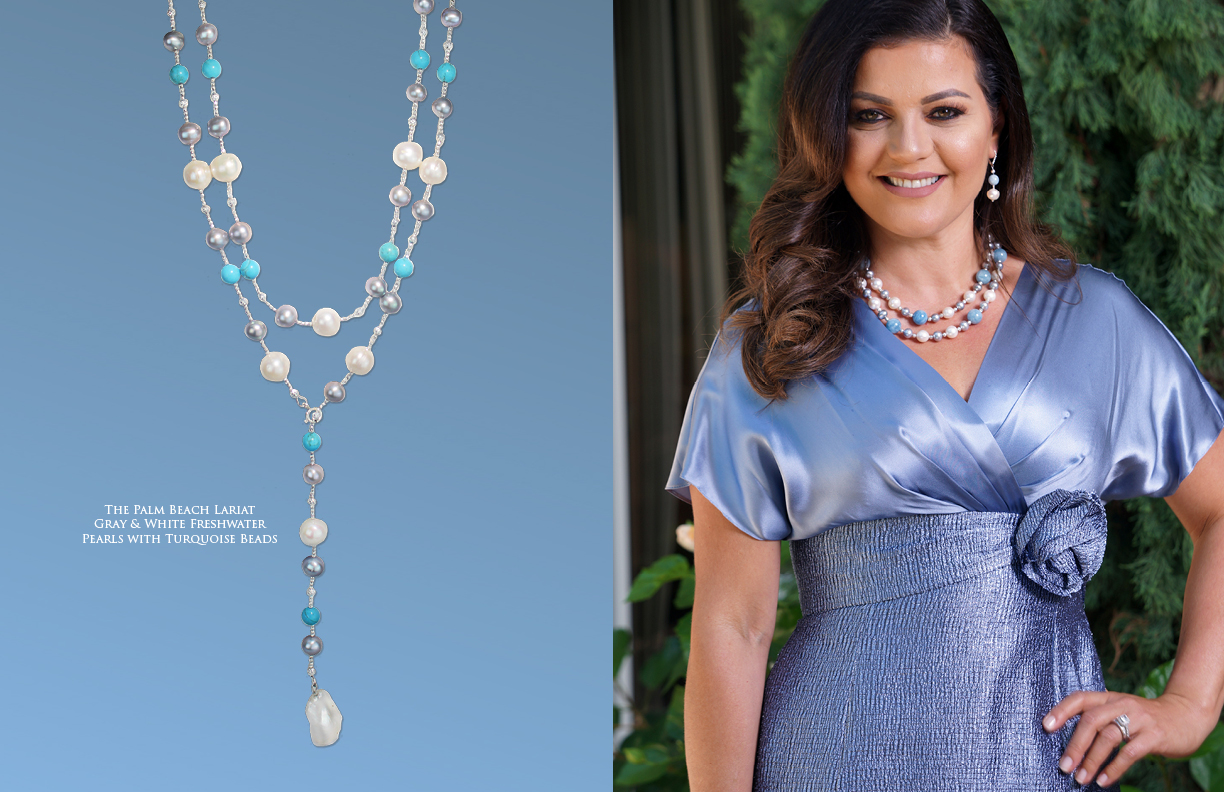 The Palm Beach Lariat with Gray and White Freshwater Pearls and Turquoise Beads