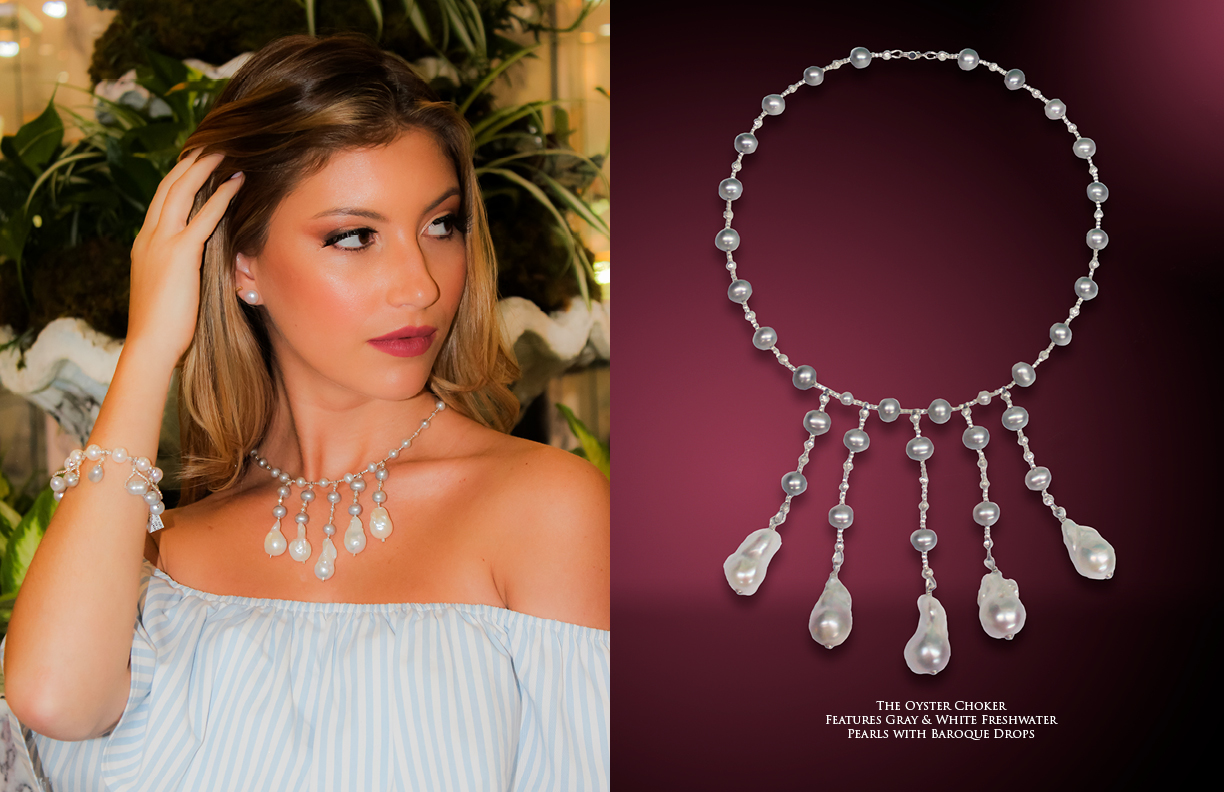 The Oyster Choker with Gray & White Freshwater Pearls and Baroque Drops