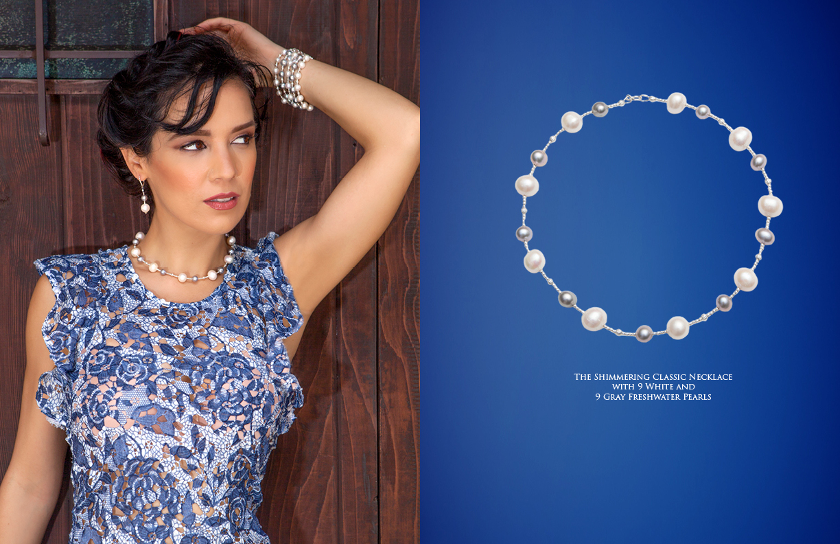 The Shimming Classic Necklace with 9 White and 9 Gray Freshwater Pearls