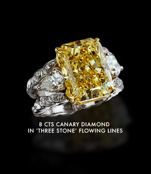 8 carats canary diamond in 'three stone' flowing lines