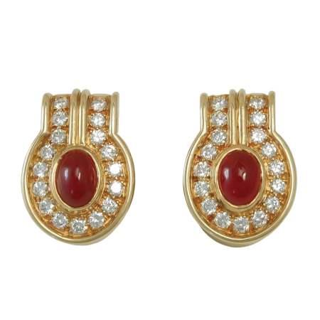 10190 Classic Ruby & Diamond Earrings Designed & Handmade by Kaufmann de Suisse in 18kt Yellow Gold featuring 2 Cabochon Cut Oval Rubies weighing