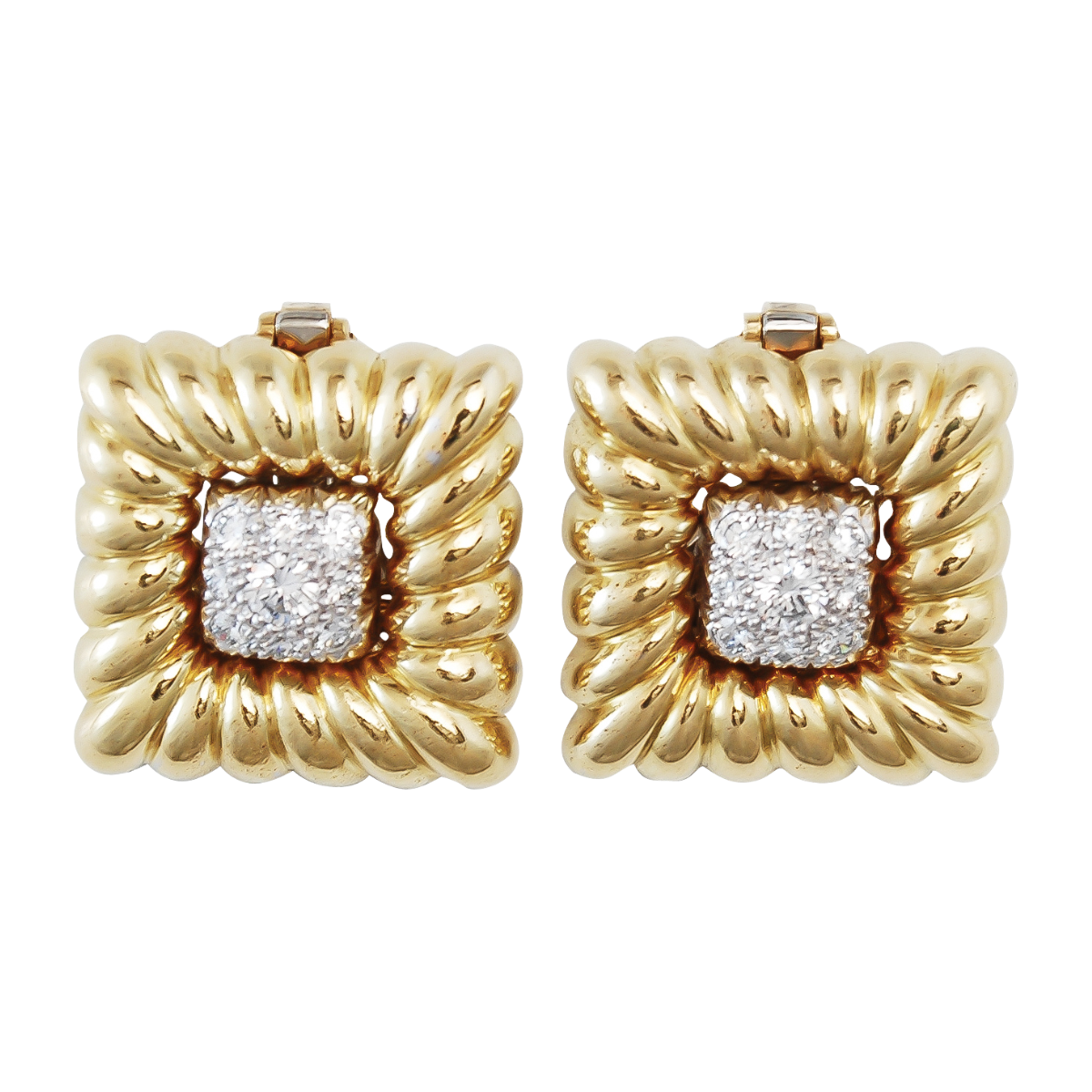 10355 Yellow Gold & Diamond Earclips Designed & Handmade by Kaufmann de Suisse in 18kt Yellow Gold featuring 18 Round Brilliant Cut FVVS Quality Diamonds weighing a total of 0.76cts