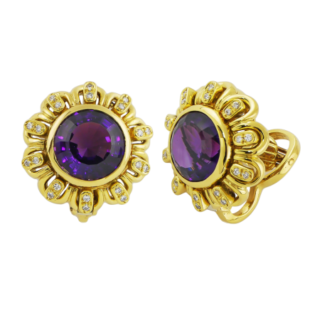 10357 African Amethyst & Diamond Earclips Designed & Handmade by Kaufmann de Suisse in 18kt Yellow Gold featuring 2 African AAA Quality Amethyst weighing