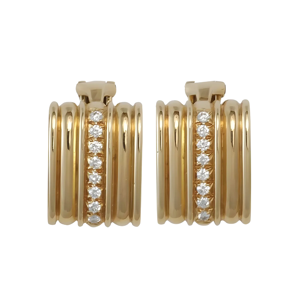 10553 Yellow Gold and Diamond Rectangular Ribbed Earrings Designed & Handmade by Kaufmann de Suisse in 18kt Yellow Gold featuring 16 Round Brilliant Cut FVVS