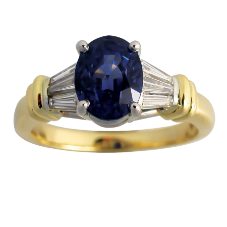 10587 Classic Blue Sapphire and Diamond Ring Designed & Handmade by Kaufmann de Suisse in 18kt Yellow Gold and Platinum featuring one Oval cut No