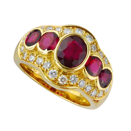 10633 Classic 5 Stone Ruby and Diamond Ring Designed & Handmade by Kaufmann de Suisse in 18kt Yellow Gold featuring 5 Oval No Heat Rubies weighing a total of 2.46cts and 26 Round