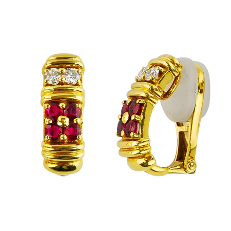 11514 Classic Ruby & Diamond Rectangular Clip On Huggies Designed & Handmade by Kaufmann de Suisse in 18kt Yellow Gold featuring 8 Round No Heat Rubies weighing