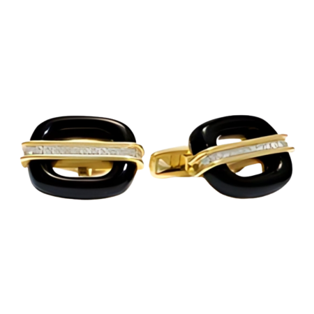 11575 Onyx and Diamond Cufflinks Designed & Handmade by Kaufmann de Suisse in 18kt Yellow Gold & Platinum featuring 4 Carved Onyx measuring 5 x 20mm and 28