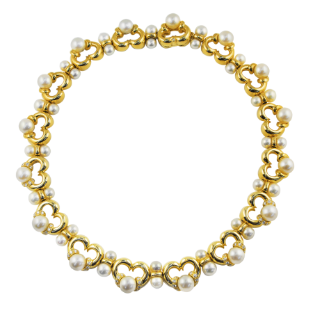 11678 One of a Kind Yellow Gold, Diamond & Pearl Collar Necklace Designed & Handmade by Kaufmann de Suisse in 18kt Yellow Gold featuring