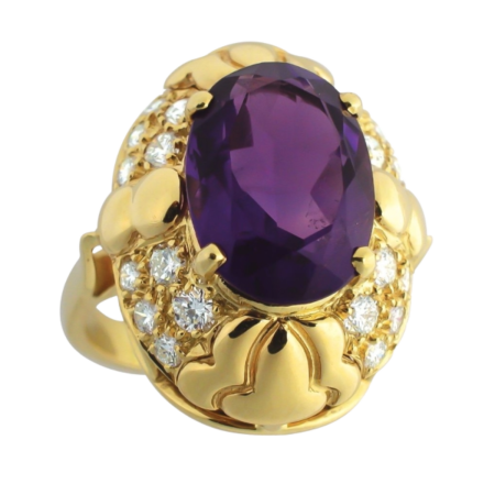 12153 Amethyst & Diamond Dome Ring Designed & Handmade by Kaufmann de Suisse in 18kt Yellow Gold featuring one Oval cut Afircan Amethyst weighing 5.45cts and mounted