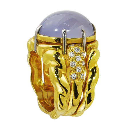 12335 Mandarine Garnet & Diamond Triple Flowing Lines Ring Designed & Handmade by Kaufmann de Suisse in 18kt Yellow Gold featuring one Oval Cabochon Cut 28.93cts Mandarine