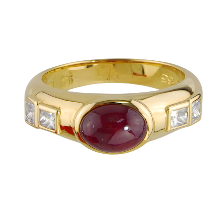 12565 Ruby & Diamond Band Designed and Handmade by Kaufmann de Suisse in 18kt Yellow Gold featuring one Oval Cabochon cut Ruby weighing 1.88cts and 4 F VVS Quality
