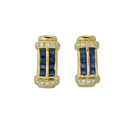12738 Classic Sapphire & Diamond Clip Back Rectangular Huggy Earrings Designed & Handmade