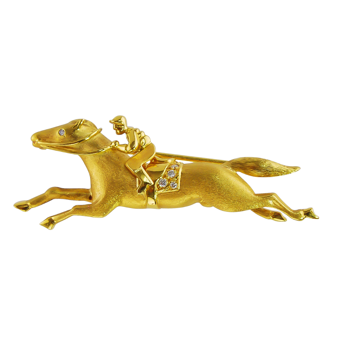 12980 Horse & Jockey Pin Designed and Handmade by Kaufmann de Suisse in 18kt Brushed Yellow Gold featuring 6 Brilliant Cut FVVS Quality Diamonds weighing a total of 0.05cts