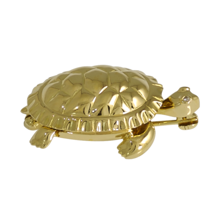 13532A Yellow Gold Turtle Pin Designed & Handmade by Kaufmann de Suisse in 18kt Yellow Gold featuring 2 Round Brilliant Cut FVVS Quality Diamonds