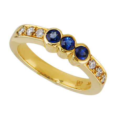 14094 Half Hoop Diamond Eternity Ring Designed & Handmade by Kaufmann de Suisse in 18kt Yellow Gold featuring 3 Round Blue Sapphires weighing 0.41cts total and 6 Round Brilliant
