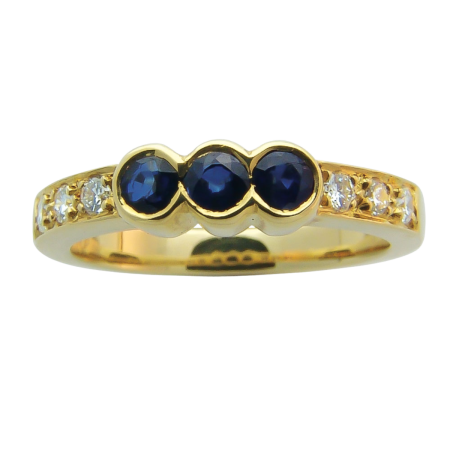 14299 Half Hoop Diamond Eternity Ring Designed & Handmade by Kaufmann de Suisse in 18kt Yellow Gold featuring 3 Round Blue Sapphires
