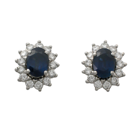 14640 Classic Princess Di Blue Sapphire & Diamond Halo Stud Earrings Designed & Handmade by Kaufmann de Suisse in Platinum featuring 2 Oval Blue Sapphires weighing