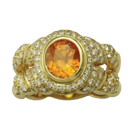 14879 Double Flowing Lines Sapphire Ring Designed & Handmade by Kaufmann de Suisse in 18kt Yellow Gold featuring one 3.07cts Orange Yellow Sapphire