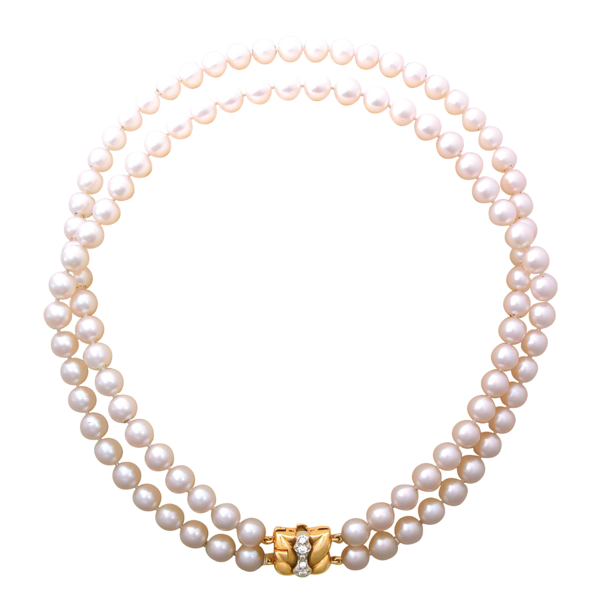 14963 Akoya Double Pearl Strand featuring 98 Akoya Pearls measuring 8 to 8.5mm strung on a Kaufmann de Suisse Designed and Handmade Platinum and 18kt Yellow Gold Clasp