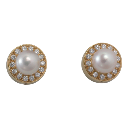 15130 Classic Pearl & Diamond Studs Designed & Handmade by Kaufmann de Suisse in 18kt Yellow Gold featuring 2 Akoya Pearls measuring