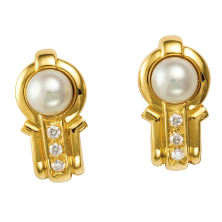 15131 Pearl & Diamond Earrings Designed & Handmade by Kaufmann de Suisse in 18kt Yellow Gold featuring 2 Cultured Pearls measuring 7.5mm and 6 FVVS