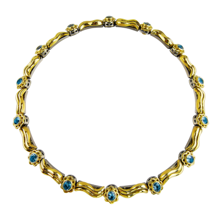 15660 Double Flowing Lines Aquamarine Necklace Designed & Handmade by Kaufmann de Suisse in 18kt Yellow Gold & Stainless Steel featuring 14 Oval and Bezel Set Santa Maria Aquamarines