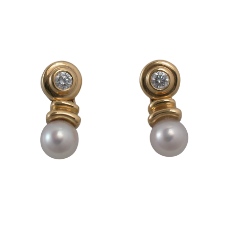 15699A Pearl & Diamond Drop Earrings Designed & Handmade by Kaufmann de Suisse in 18kt Yellow Gold featuring 2 Akoya 7.5mm Pearls and 25 round Brilliant cut FVVS Quality Diamonds