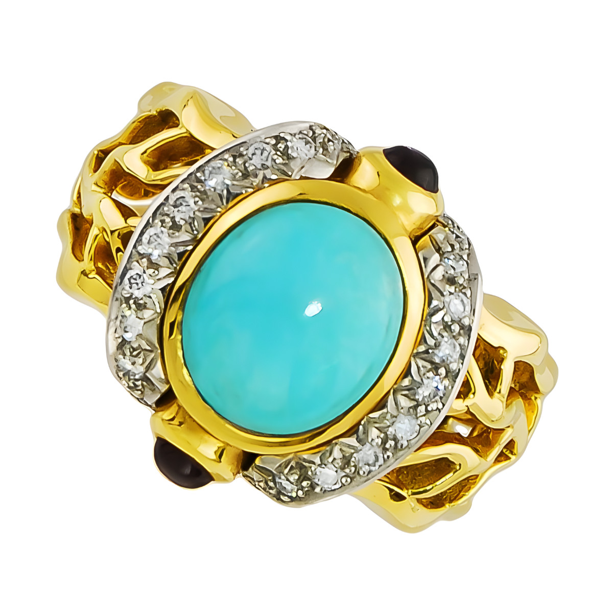 16140 Open Flowing Lines Turquoise and Diamond Ring Designed and Handmade by Kaufmann de Suisse in 18kt Yellow Gold and Platinum featuring 1 Robin's Egg Turquoise weighing