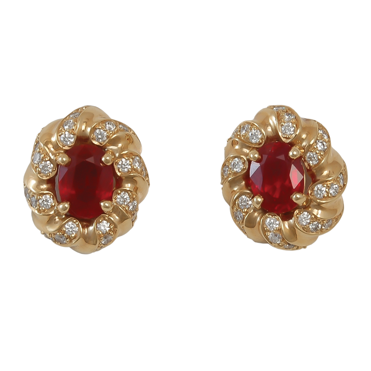 16164 Flowing Lines Ruby & Diamond Earrings Designed & Handmade by Kaufmann de Suisse in 18kt Yellow Gold featuring two No Heat Oval Rubies weighing 3.38cts total and 48 round Brilliant
