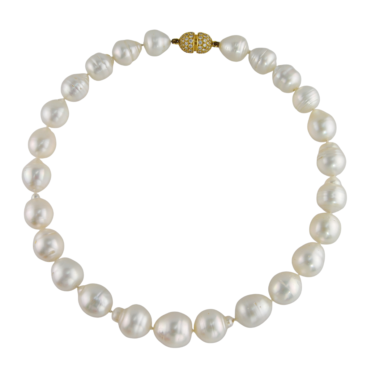 16191 18 Inch Baroque South Sea Pearl Strand Necklace featuring 25 Baroque South Sea Pearls measuring from 13 to 17mm with an 18kt Yellow Gold Diamond Bayonette Clasp featuring