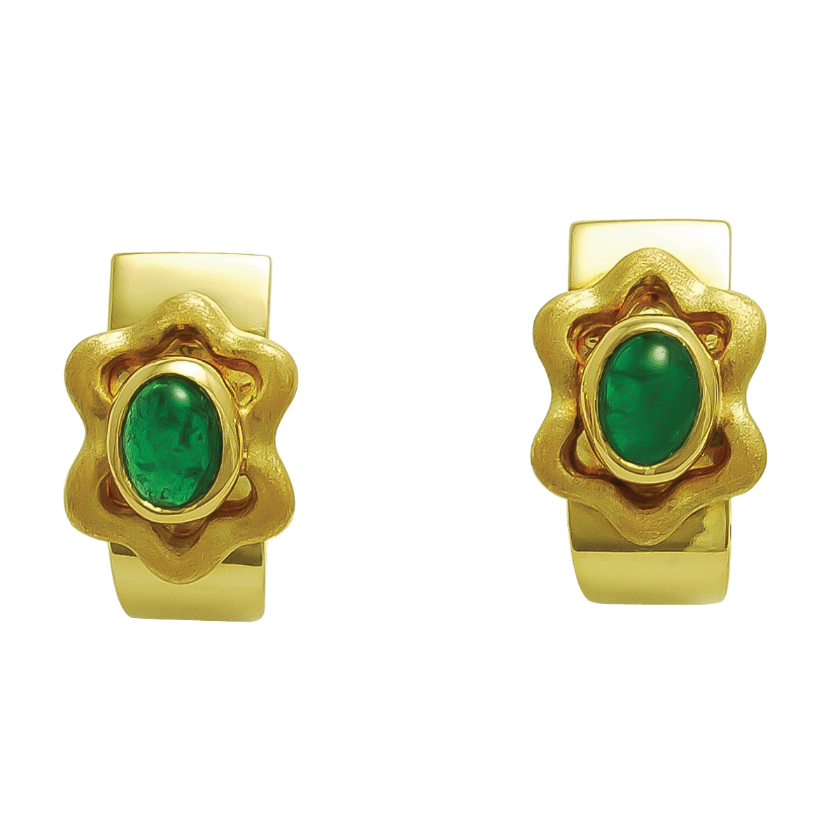 16235 Callista Clip On Earrings Designed & Handmade by Kaufmann de Suisse in 18kt Yellow Gold featuring 2 Oval Cabochon Cut Columbian Emeralds weighing a total of 1.01cts