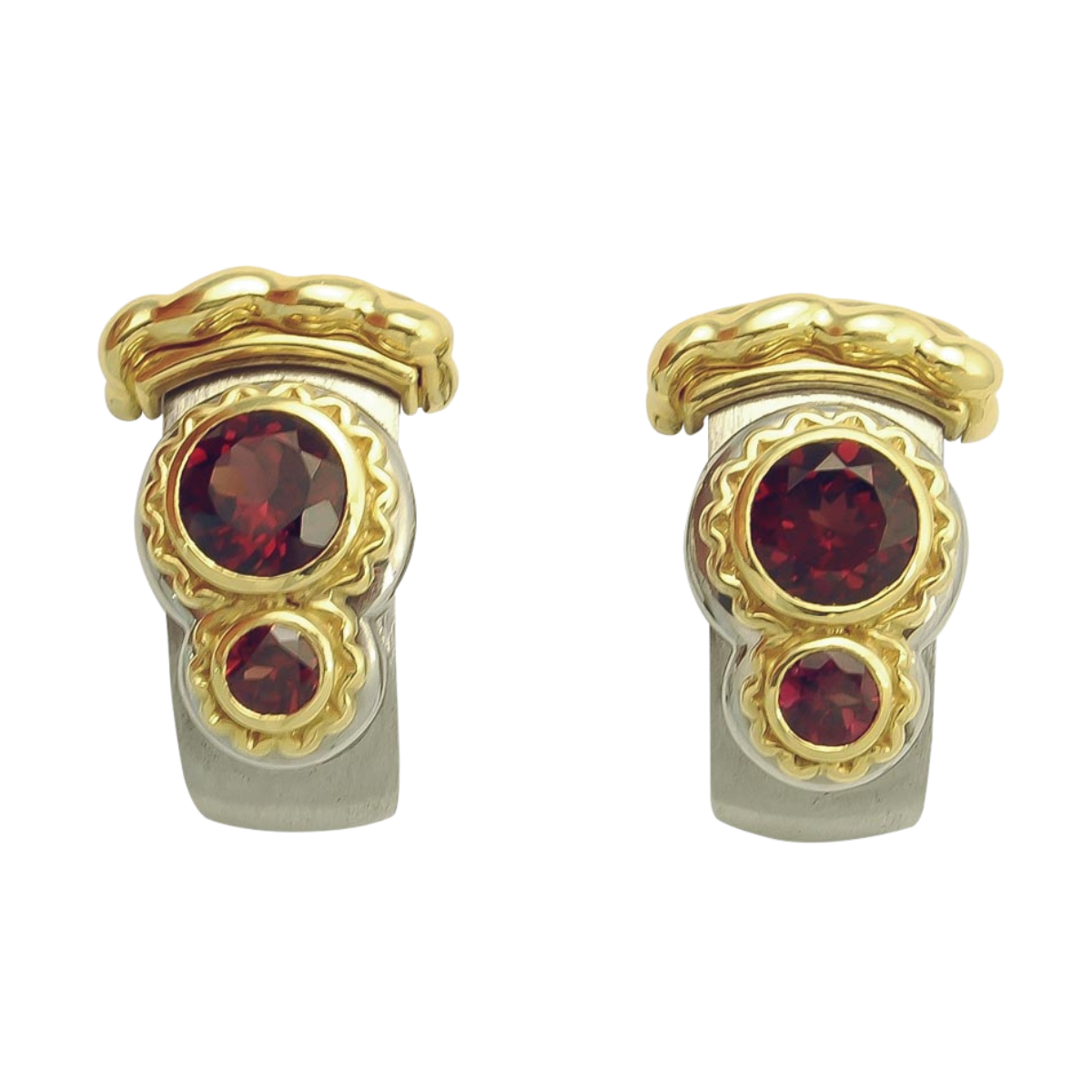 17531 Callista Rhodolite Garnet Earclips Designed & Handmade by Kaufmann de Suisse in Stainless Steel and 18kt Yellow Gold featuring 4 Round Rhodolite Garnets weighing a total of 3.72cts (1)