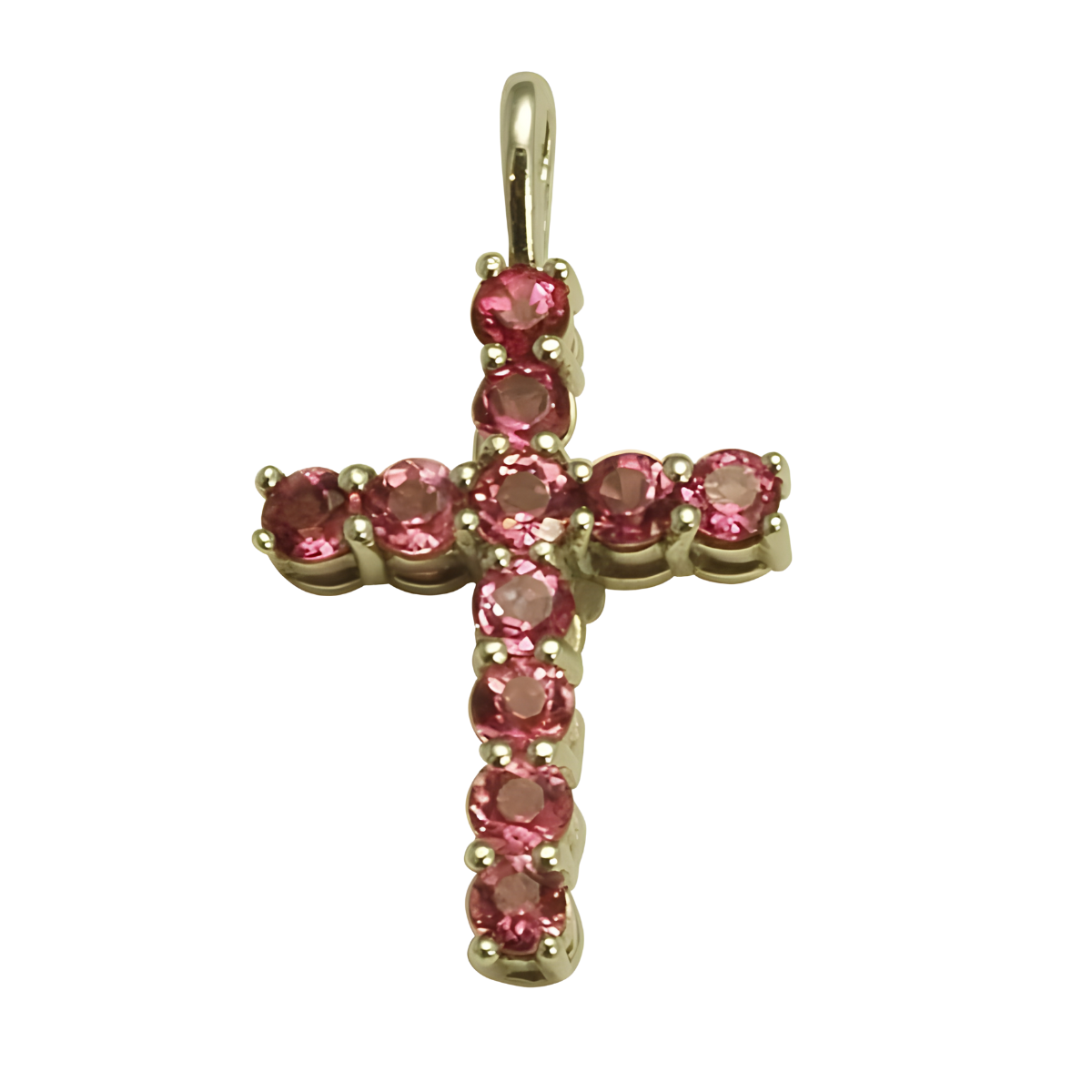 17542 Pink Tourmaline Cross Designed & Handmade by Kaufmann de Suisse in Platinum featuring 11 Round Pink Tourmalines weighing a total of 1.28cts