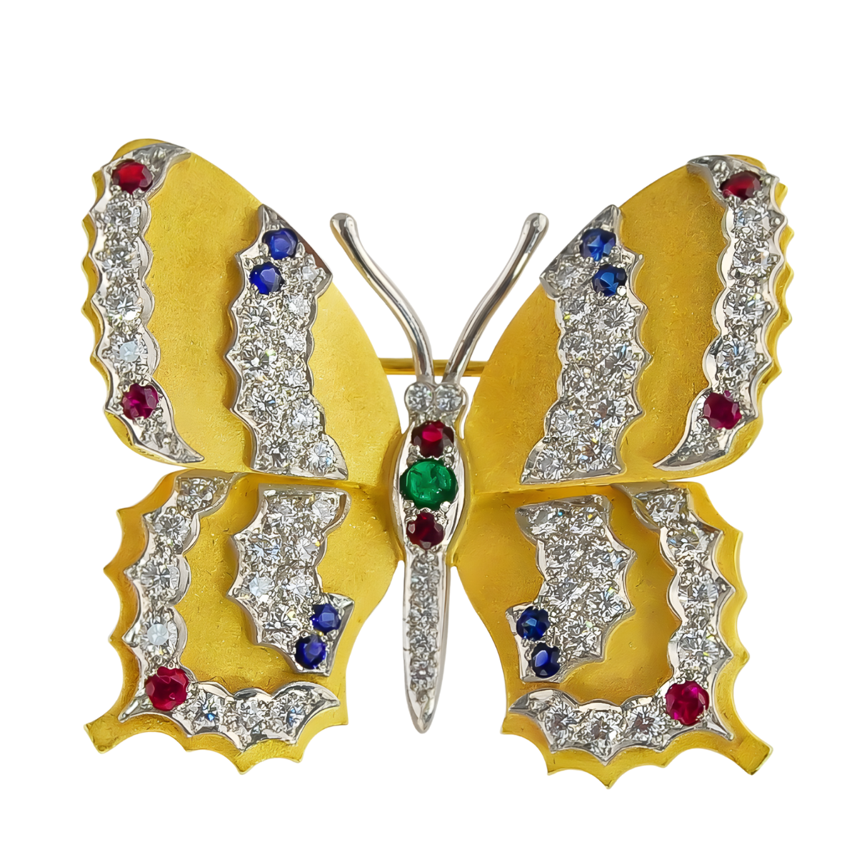 17860 Brushed Yellow Gold & Platinum Butterfly Pin Designed and Handmade by Kaufmann de Suisse in 18kt Yellow Gold and Platinum featuring 62 Round Brilliant