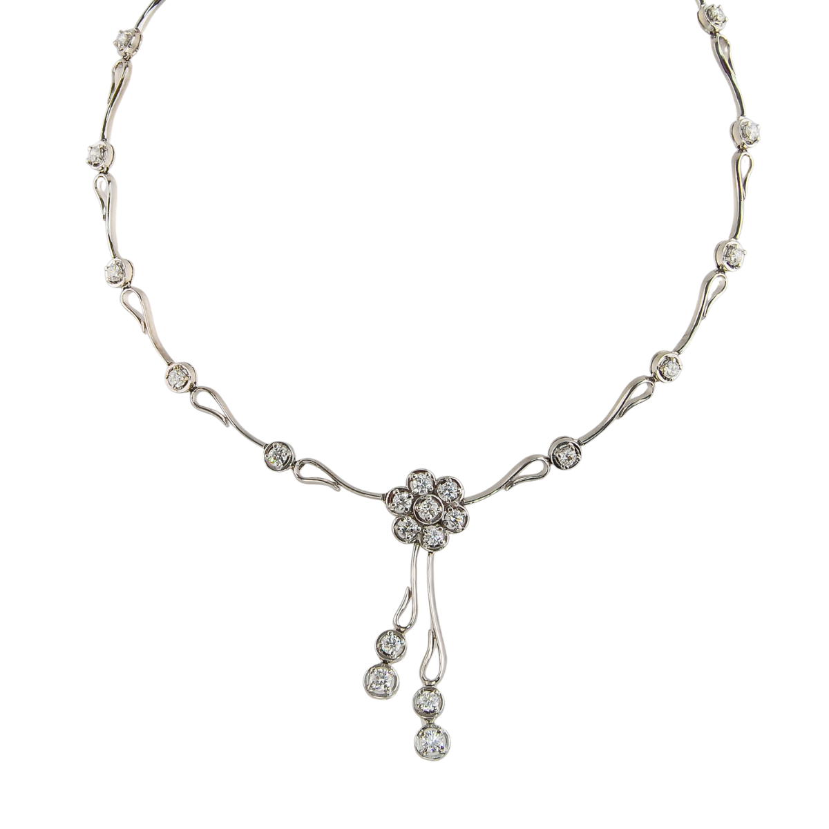 18164 Flowing Lines Detachaeble Diamond Drop Pave Puff Necklace Designed & Handmade by Kaufmann de Suisse in 18kt White Gold featuring 57 Round Brilliant Cut FVVS Quality Diamonds weighing