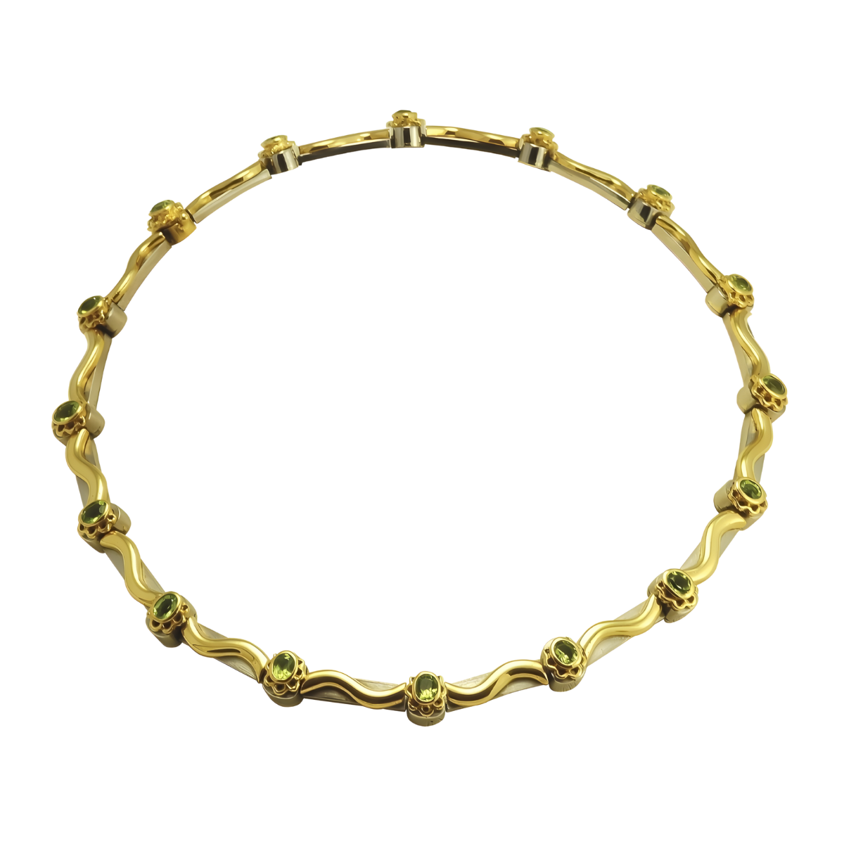 18222 Flowing Lines Peridot Necklace Designed & Handmade by Kaufmann de Suisse in 18kt Yellow Gold & Stainless Steel featuring 16 Oval & Bezel Set Peridot weighing a total of 5.00cts