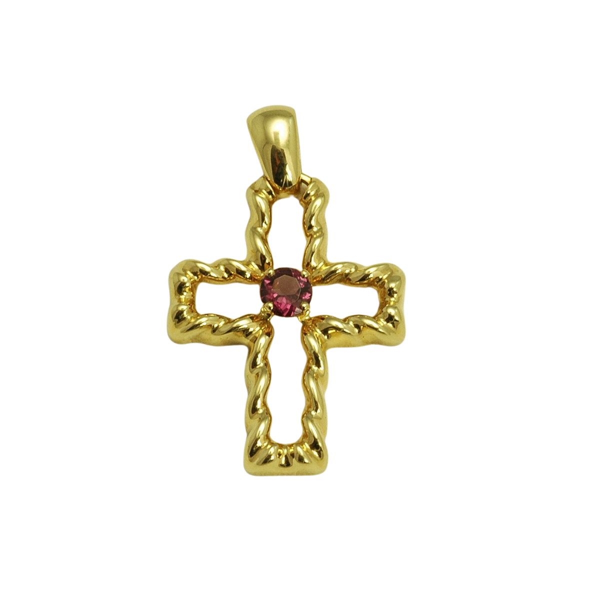 18523 Flowing Lines Rhodolite Garnet Cross Designed & Handmade by Kaufmann de Suisse in 18kt Yellow Gold featuring 1 Round Rhodolite Garnet weighing 0.46cts